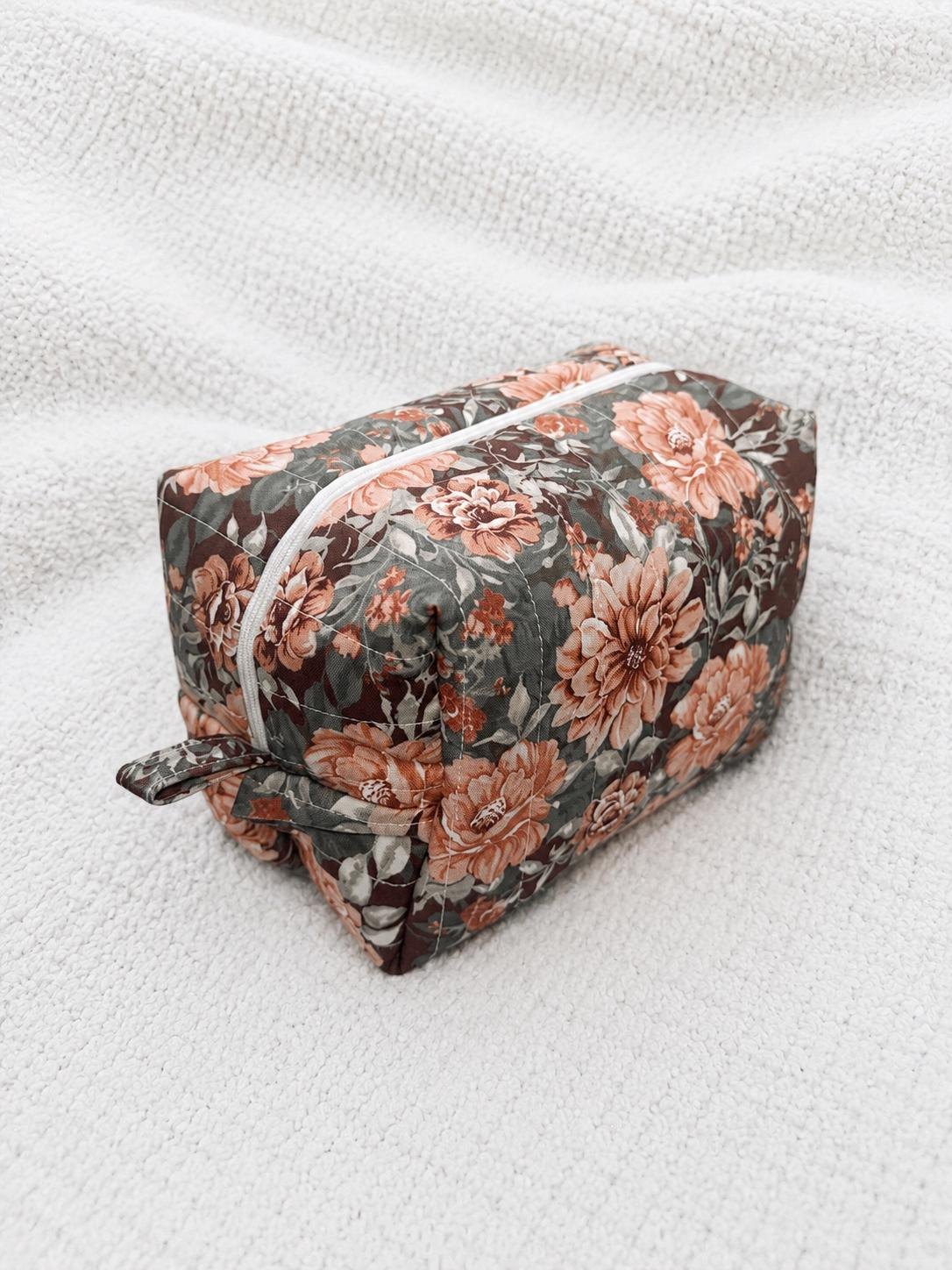 Handmade quilted floral makeup bag with zipper