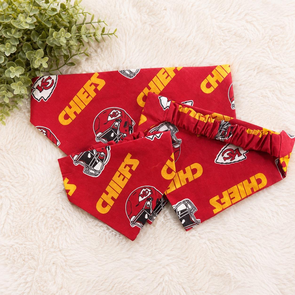 Red football fan scrunchie bandana displayed on a pet collar