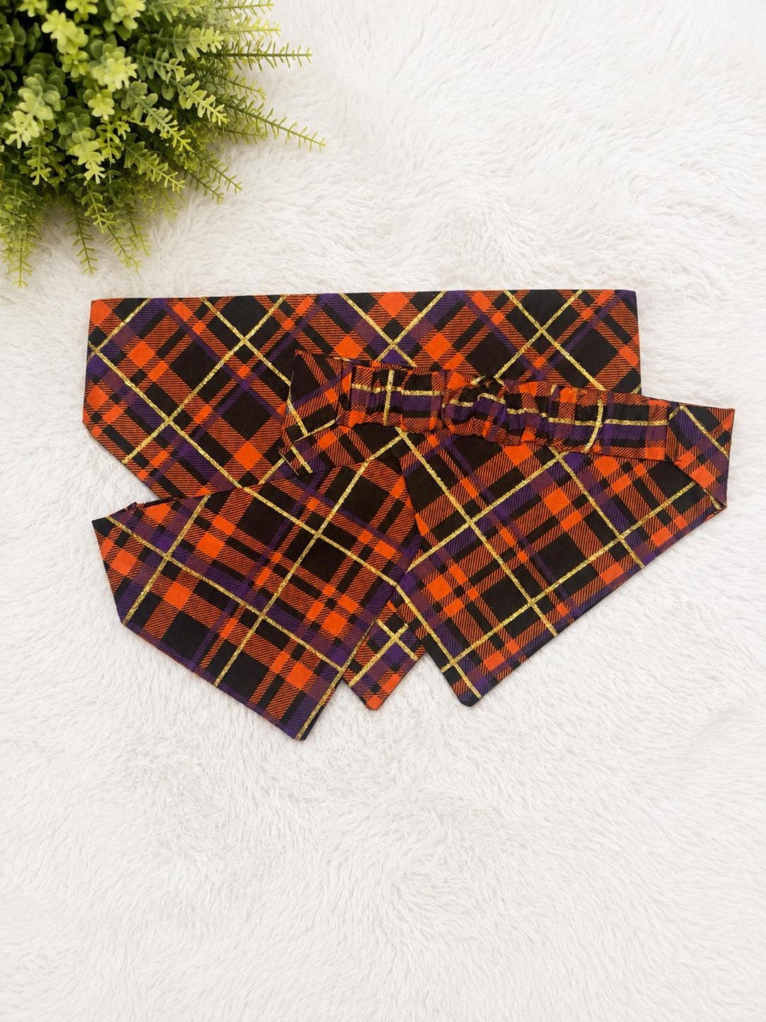 Orange black purple and gold Halloween plaid pet bandana
